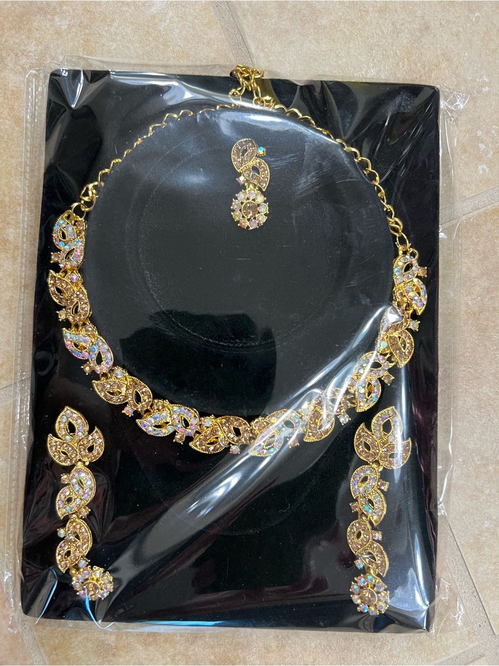 Gold-tone Leaf Crystal Necklace Set - Women Jewelry Indian Pakistani jewelry set